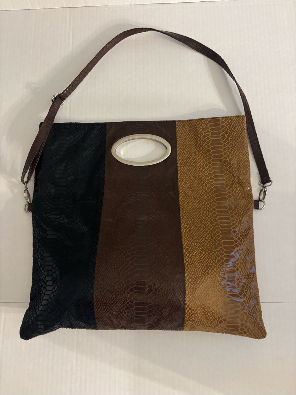 Striped Tri-Color Foldable Leather Shoulder Bag - Black, Brown & Tan